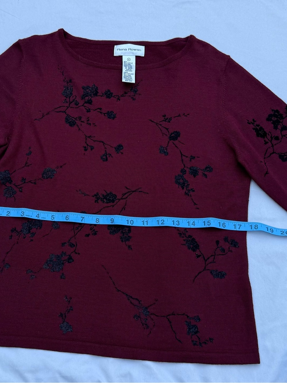 Rena Rowan Burgundy Long Sleeve Floral Crewneck Sweater